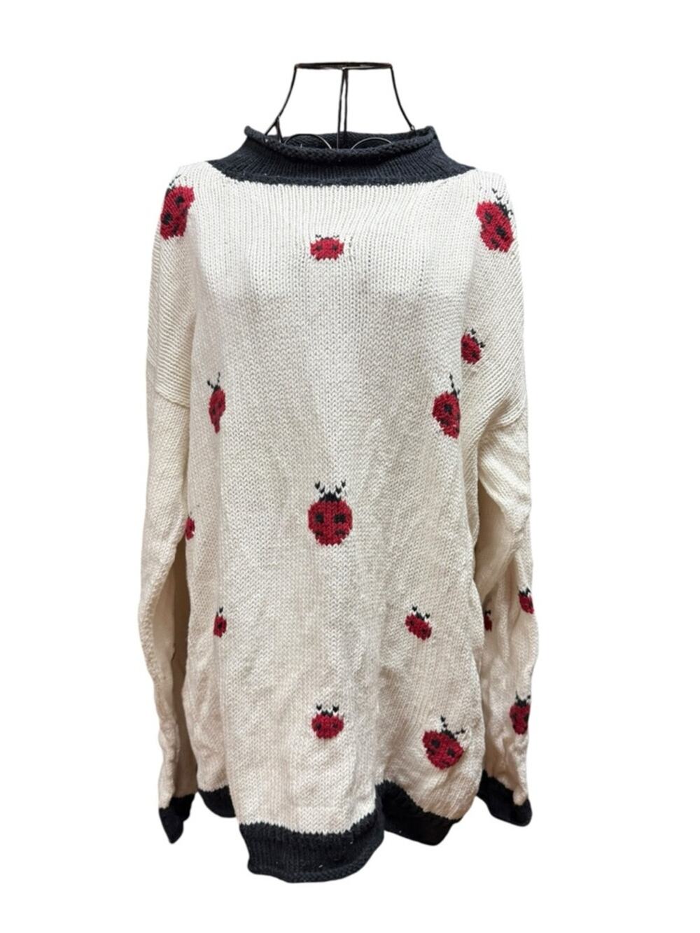 White Knit Turtleneck Sweater with Red Lady bug Motifs and Black Trim 2X